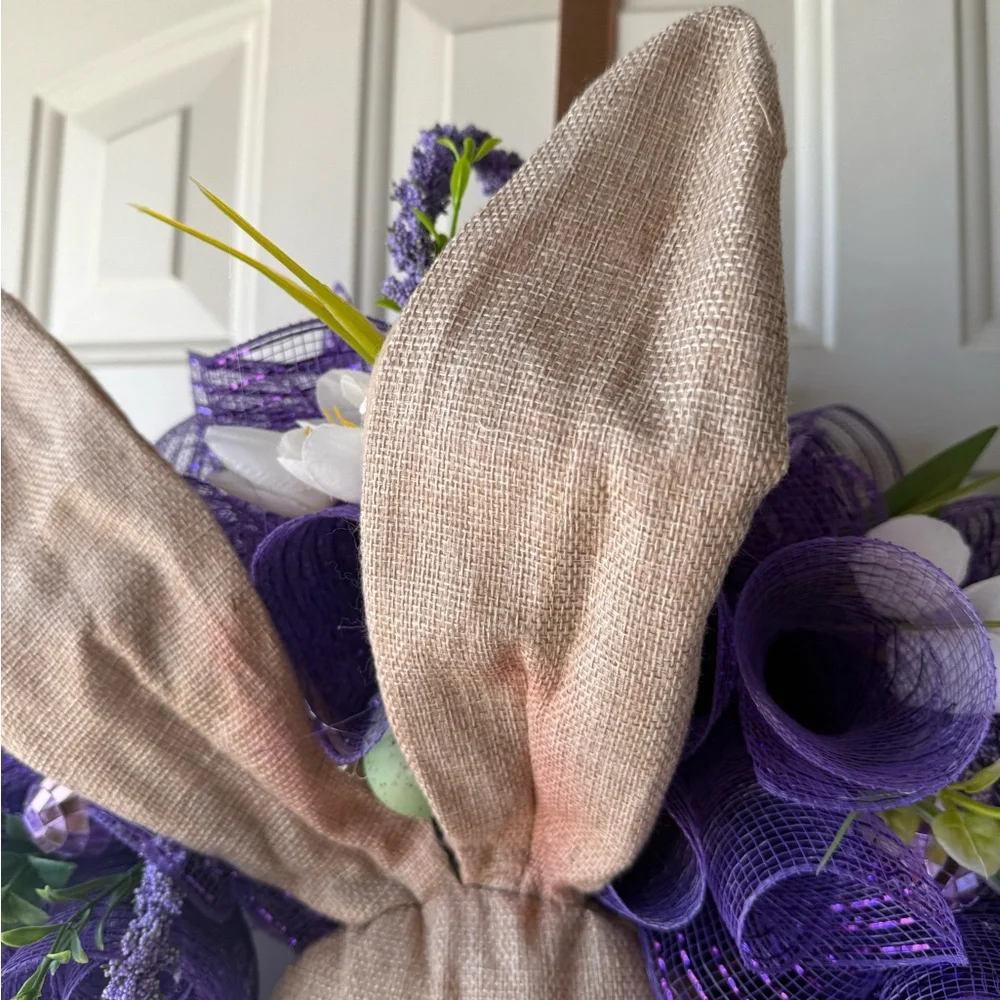 Easter Bunny Wreath with Purple Mesh and Floral Accents
